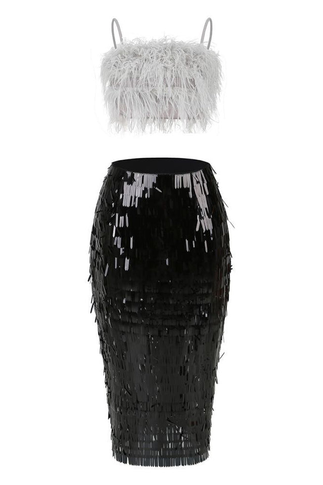 Black Feather Top and Sequin Skirt Set