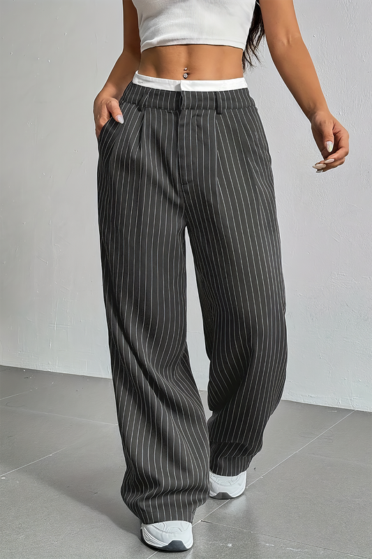 Stripes Print High Waist Trousers in Twill Fabric