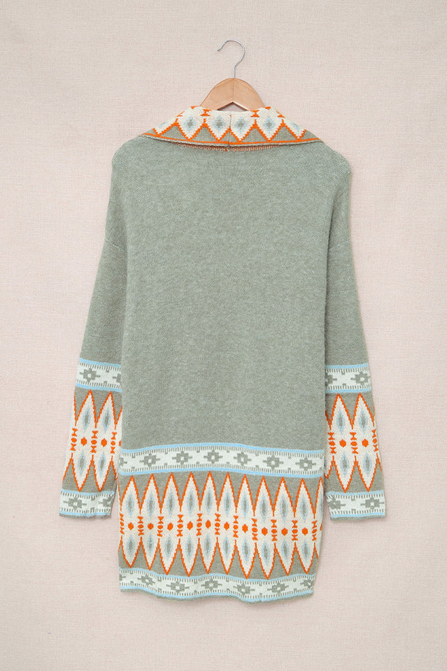 Geometric Open Front Long Sleeve Cardigan in Soft Knit