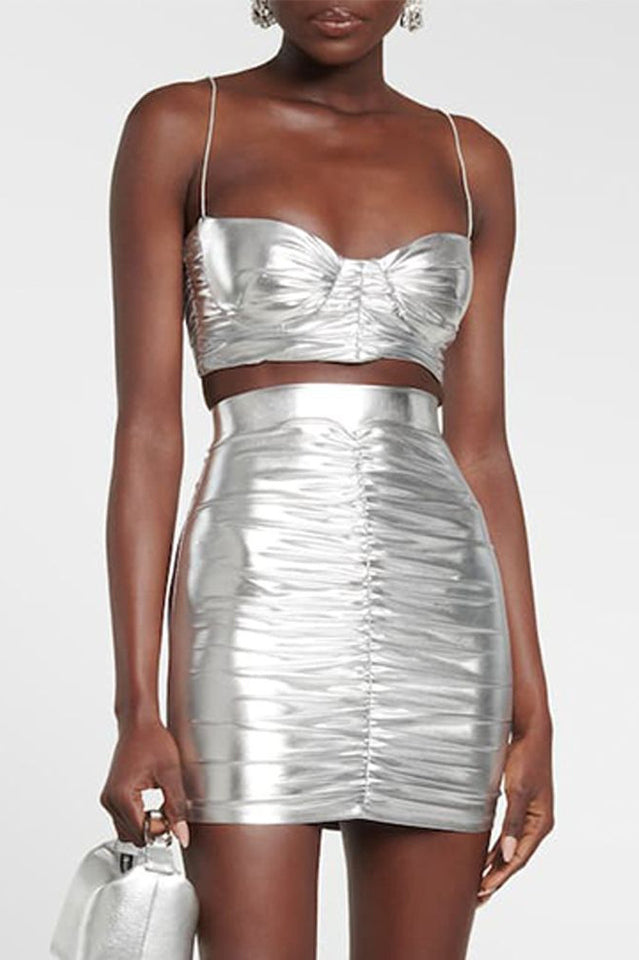 Ruched Metallic Bralette and Skirt Set