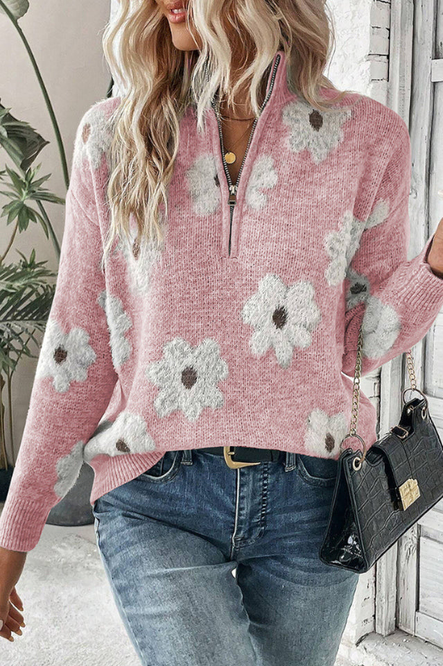 Floral Pattern Half Zip Relaxed Sweater