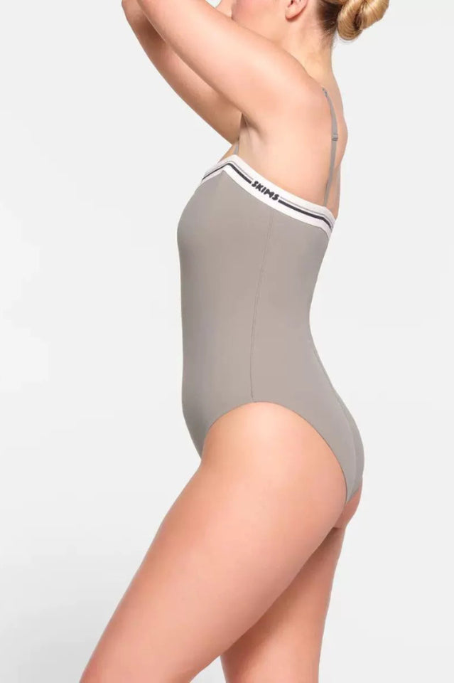 Logo Straight Neck Bodysuit with Striped Elastic Band