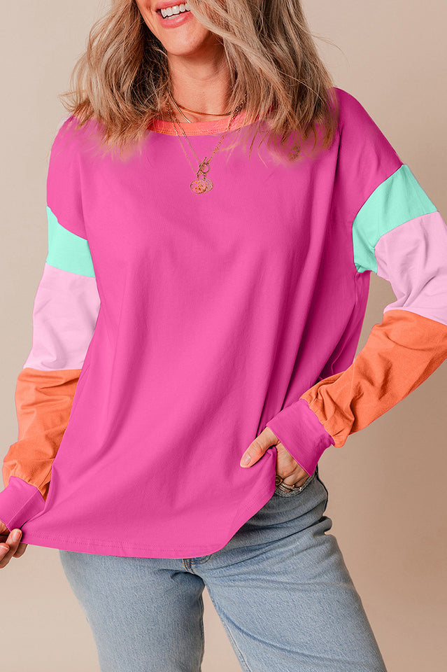 Colorblock Patchwork Long Sleeve Loose Top for Comfort