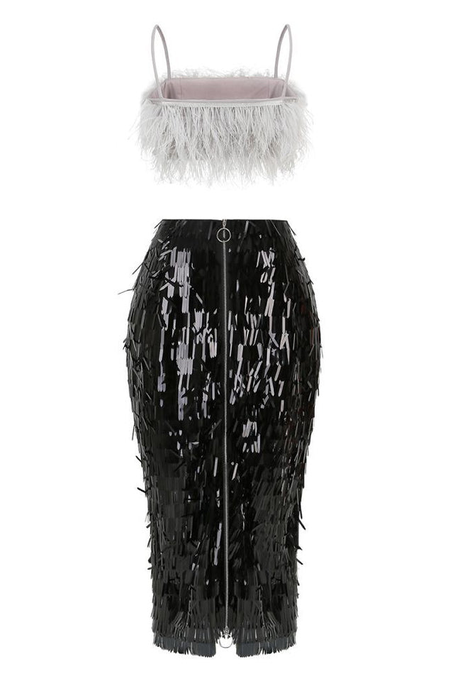 Black Feather Top and Sequin Skirt Set