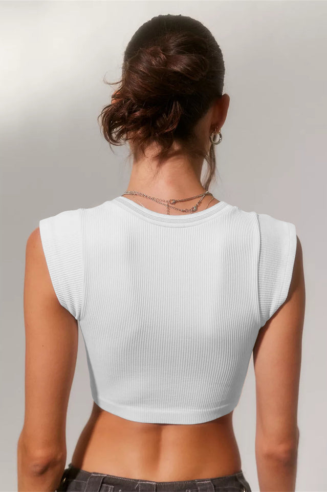 Notched Neck Cap Sleeve Cropped Tee Top