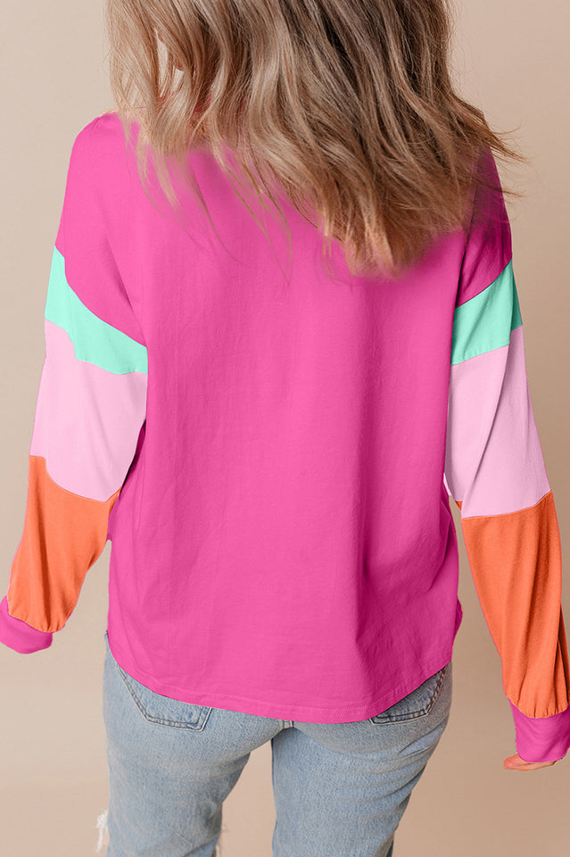 Colorblock Patchwork Long Sleeve Loose Top for Comfort