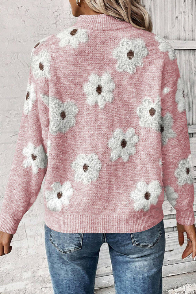 Floral Pattern Half Zip Relaxed Sweater