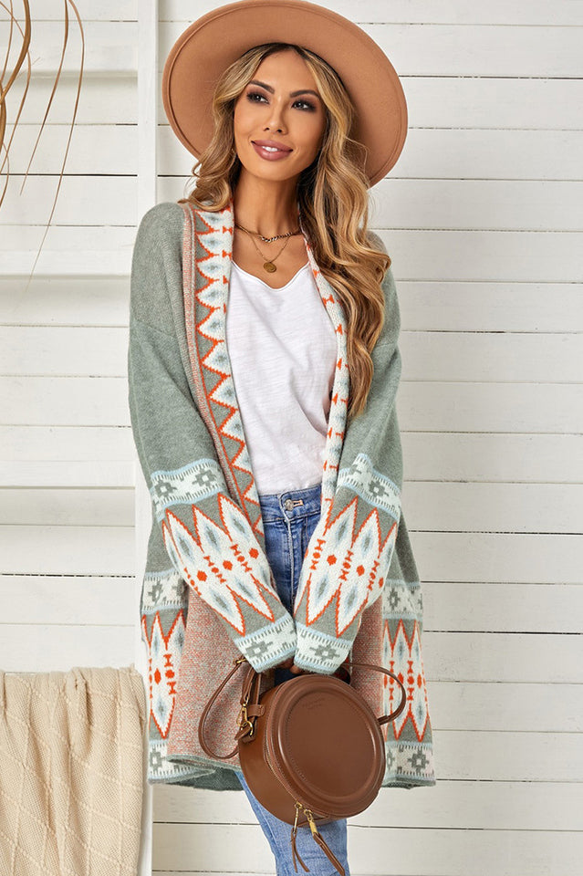 Geometric Open Front Long Sleeve Cardigan in Soft Knit