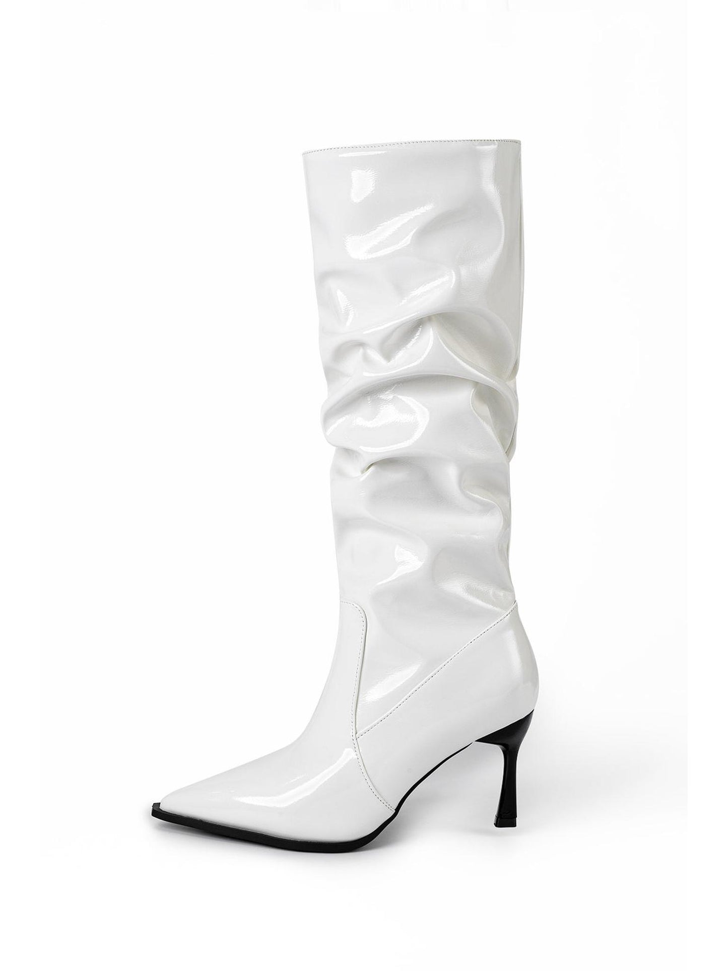 Faux Leather Ruched Pointed Toe Knee High Boots