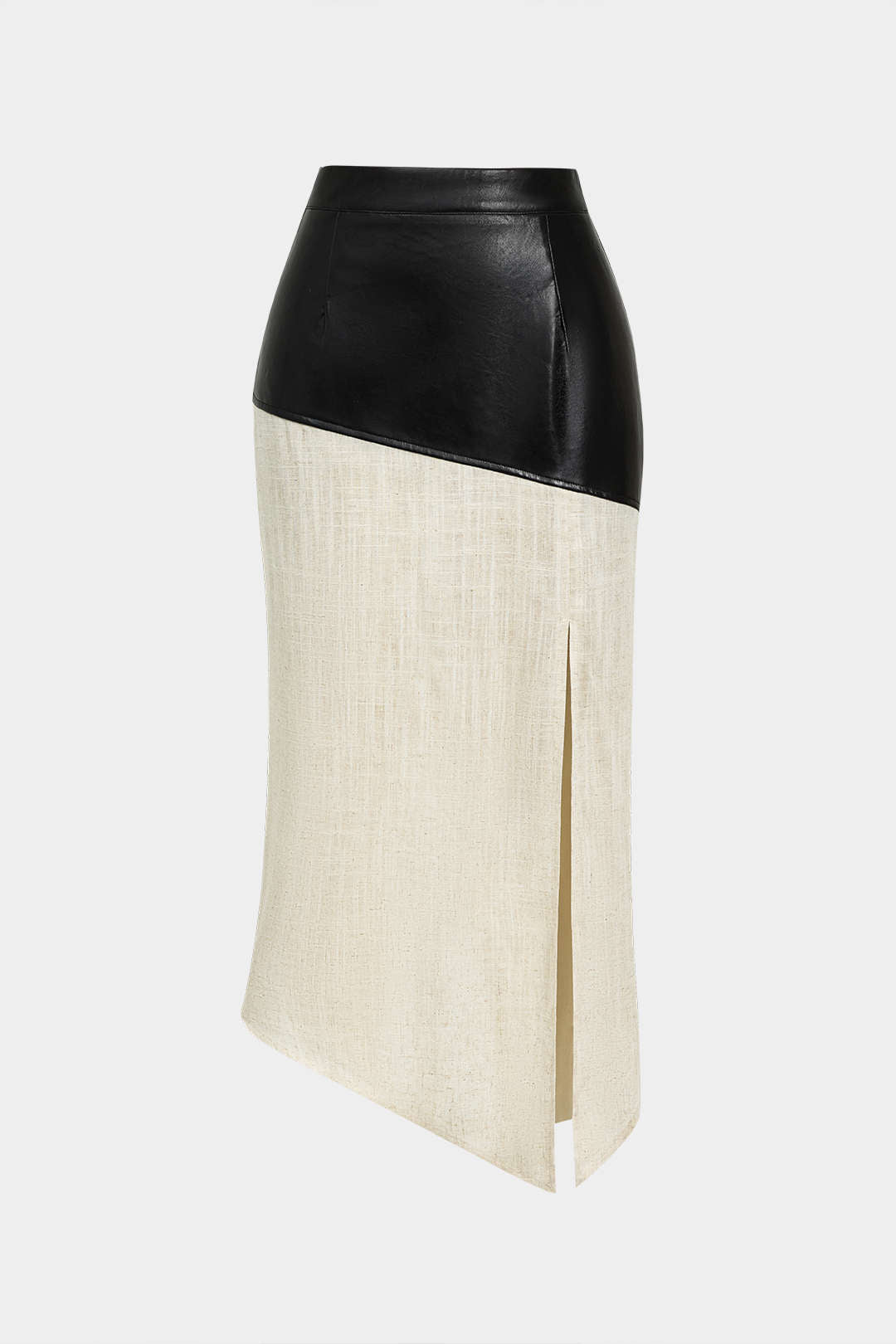 Contrast Faux Leather And Linen Asymmetrical Skirt