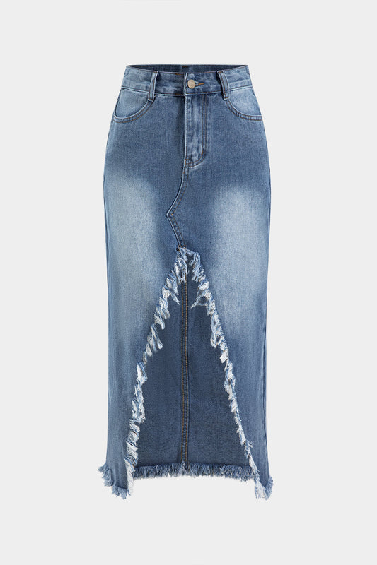 Denim Zipper Button Pocket Slit Skirt