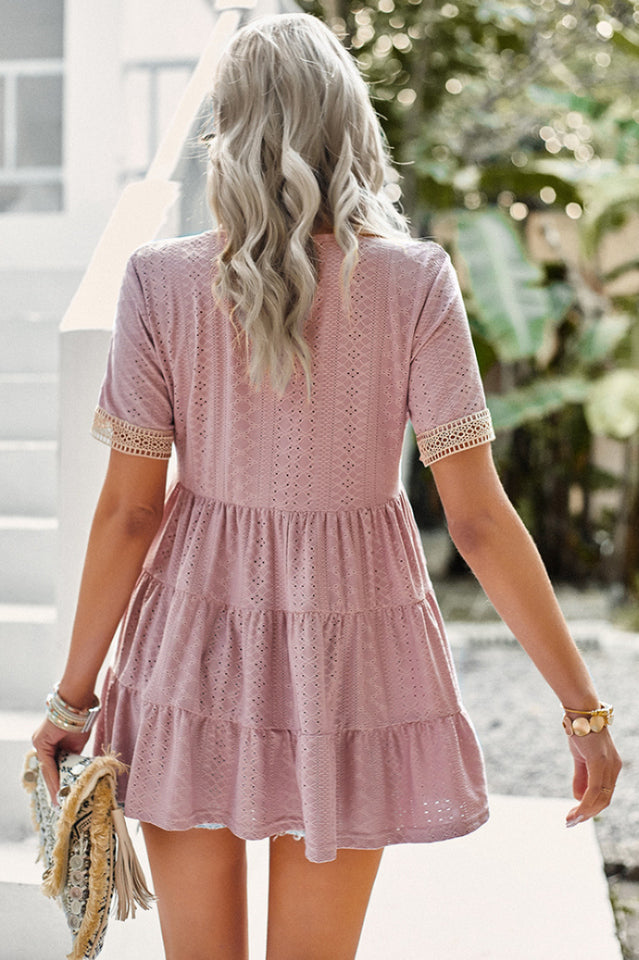 Contrast Short Sleeve Tiered Blouse in Eyelet Design