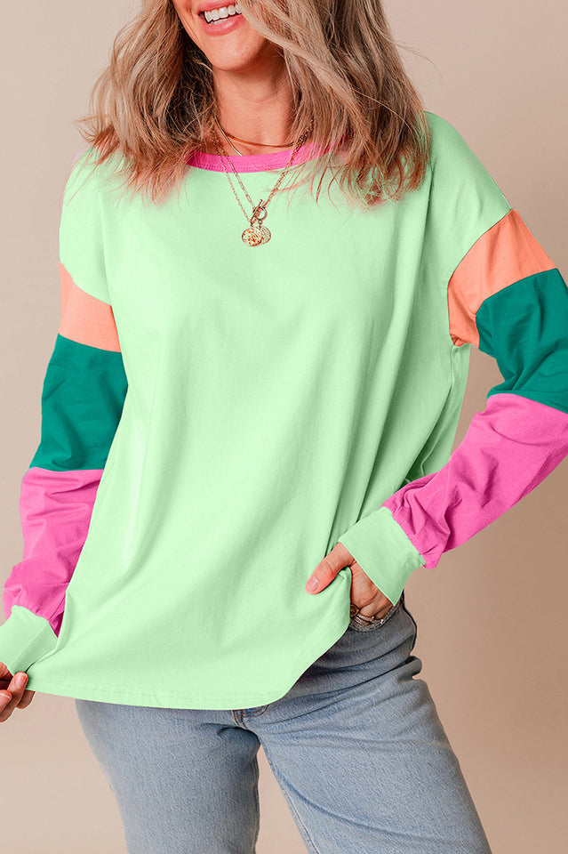 Colorblock Patchwork Long Sleeve Loose Top for Comfort