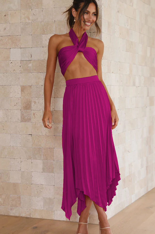 Tilley Pleated Top and Skirt Set With Asymmetrical Hemline