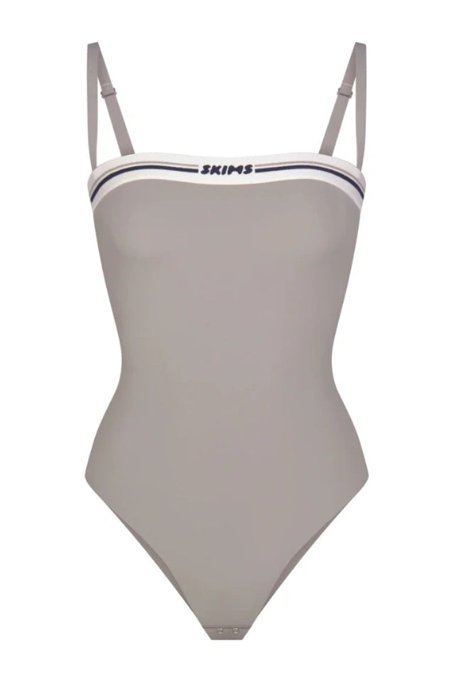 Logo Straight Neck Bodysuit with Striped Elastic Band