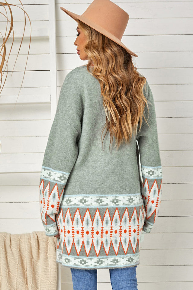 Geometric Open Front Long Sleeve Cardigan in Soft Knit