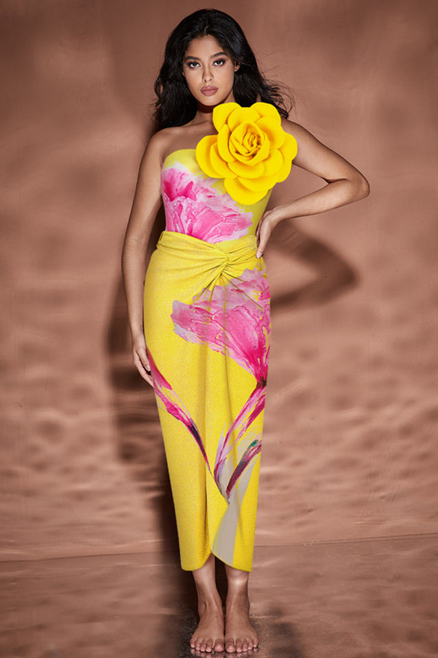 3D Flower One Shoulder Swimsuit and Skirt Set