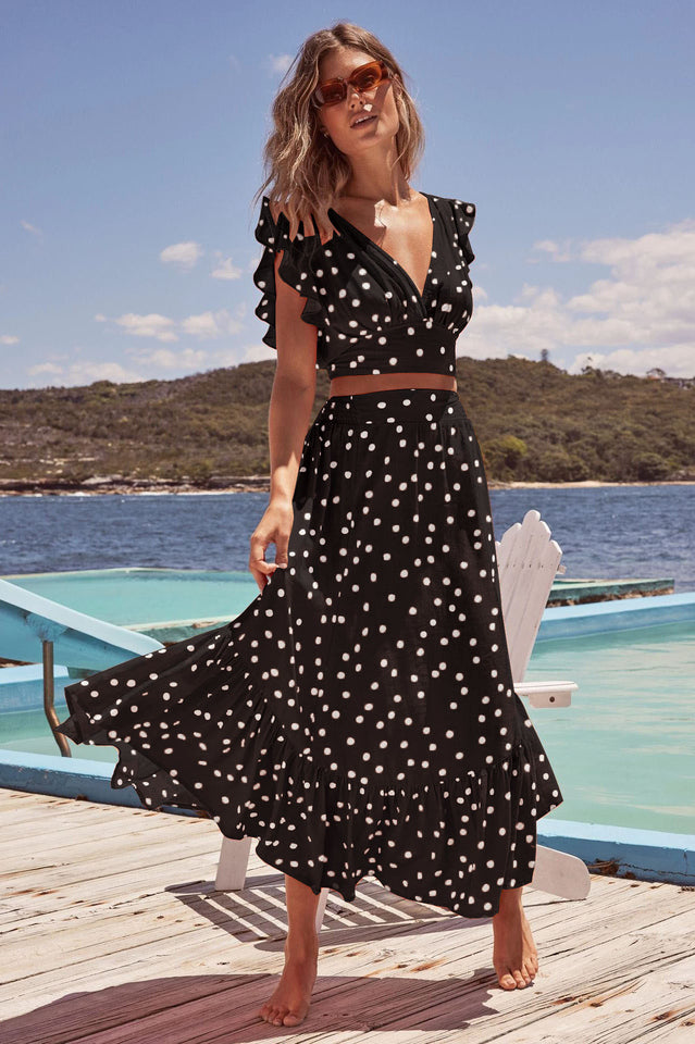 Polka Dot Ruffle Tank Top And Midi Skirt Set