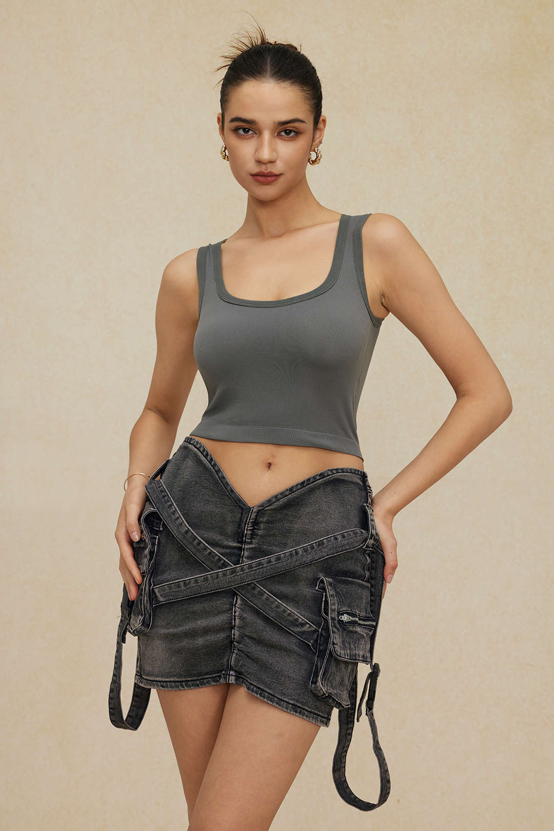 V-Waist Buckle Flap Pocket Denim Cargo Skirt