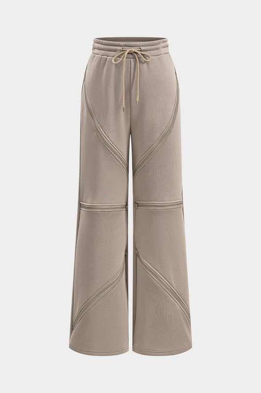 Drawstrings Zipper Wide Leg Trousers in Jersey Fabric