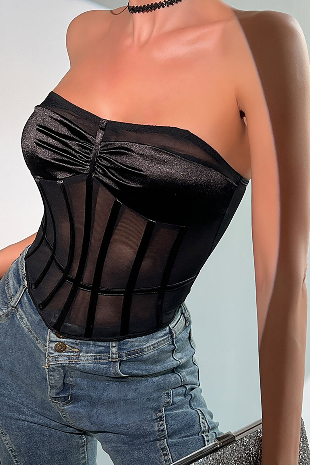 Mesh Satin Ruched Sheer Backless Corset Tube Top