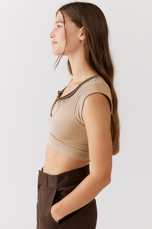 Notched Neck Cap Sleeve Cropped Tee Top