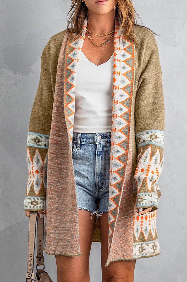 Geometric Open Front Long Sleeve Cardigan in Soft Knit