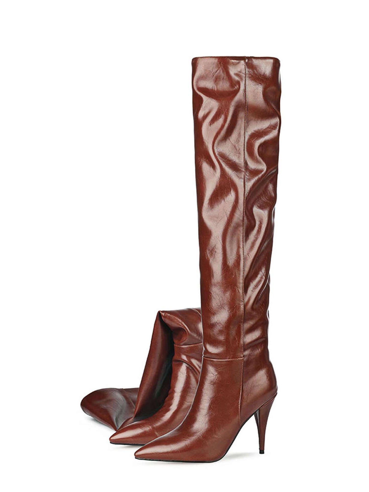 Ruched Faux Leather Pointed Toe Knee High Boots