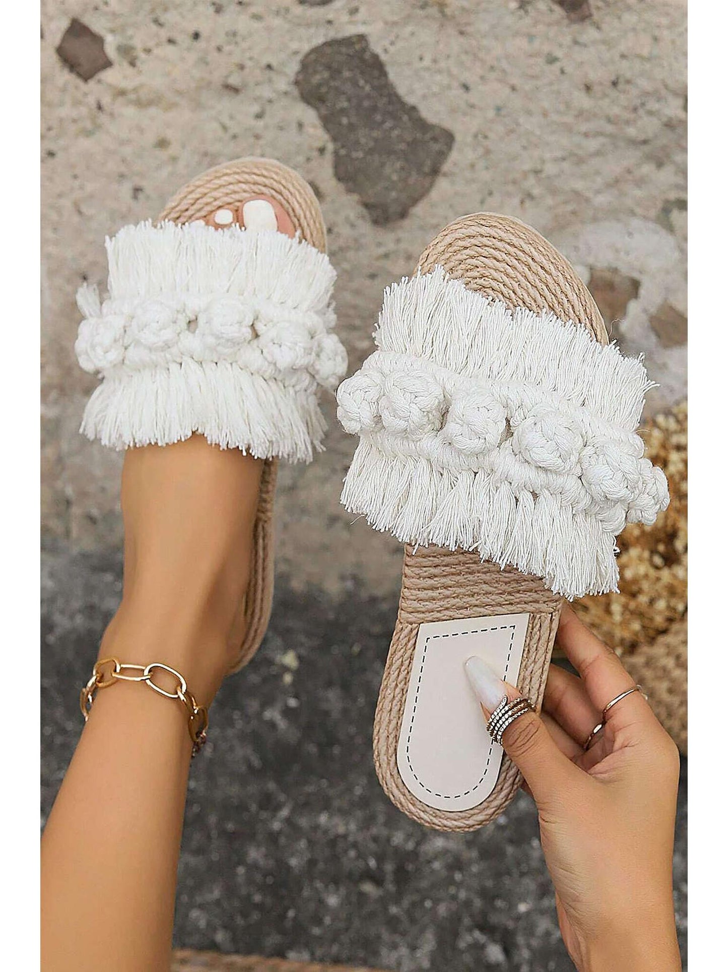 Fringe Braided Slipper Sandals in Cotton Blend