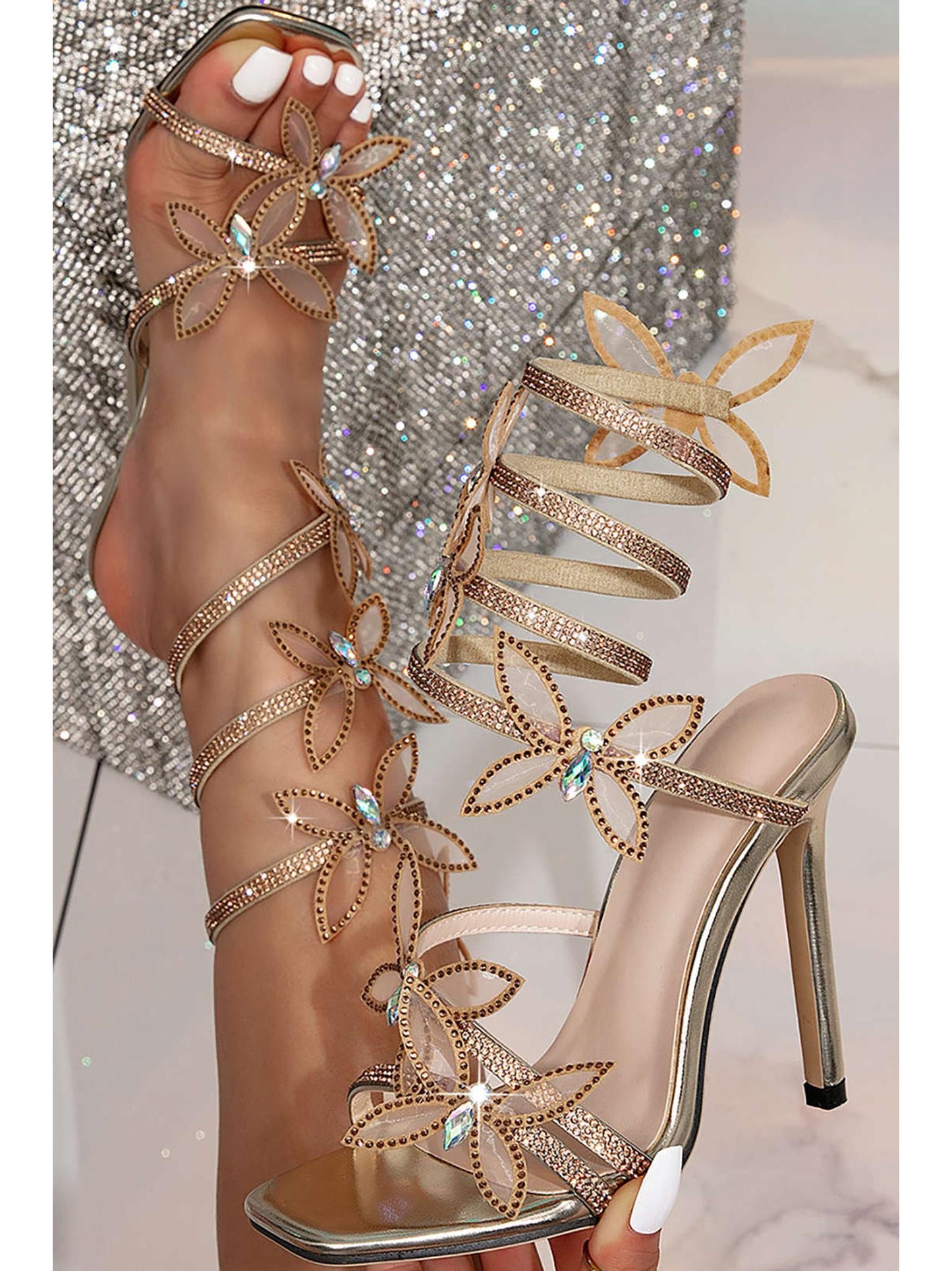 Butterfly Rhinestone Square Toe High Heels for Elegance