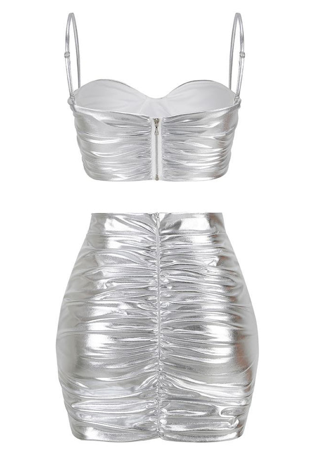 Ruched Metallic Bralette and Skirt Set