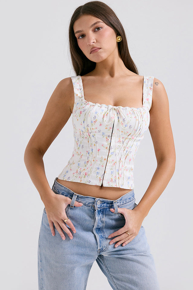 Chicca White Posy Print Soft Linen Top