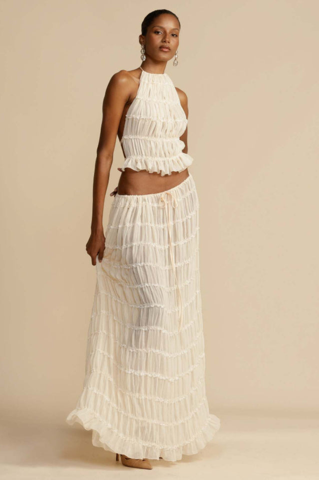 Ruffled Halter Top & Pleated Maxi Skirt Set