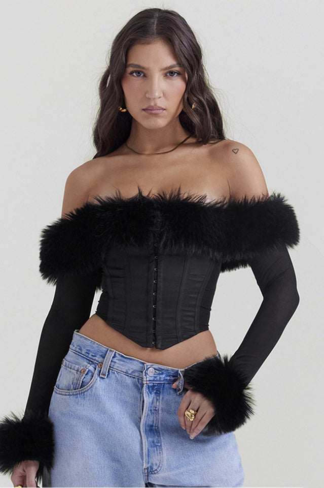 Black Faux Fur Trimmed Off-Shoulder Bustier