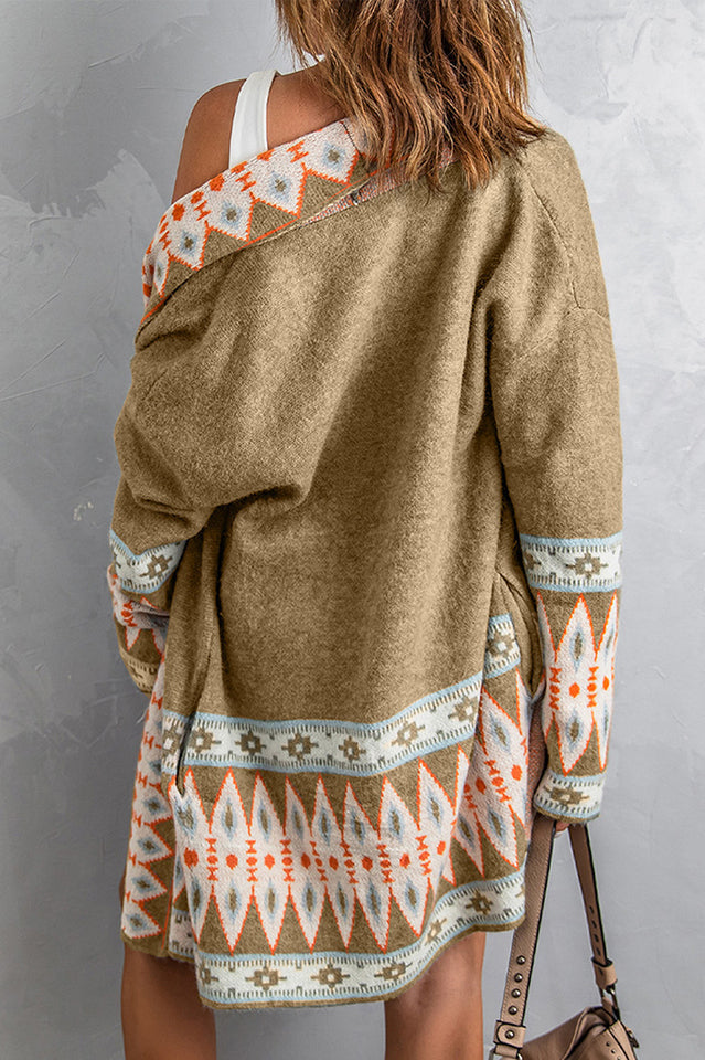 Geometric Open Front Long Sleeve Cardigan in Soft Knit