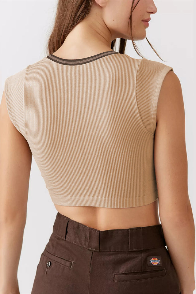 Notched Neck Cap Sleeve Cropped Tee Top