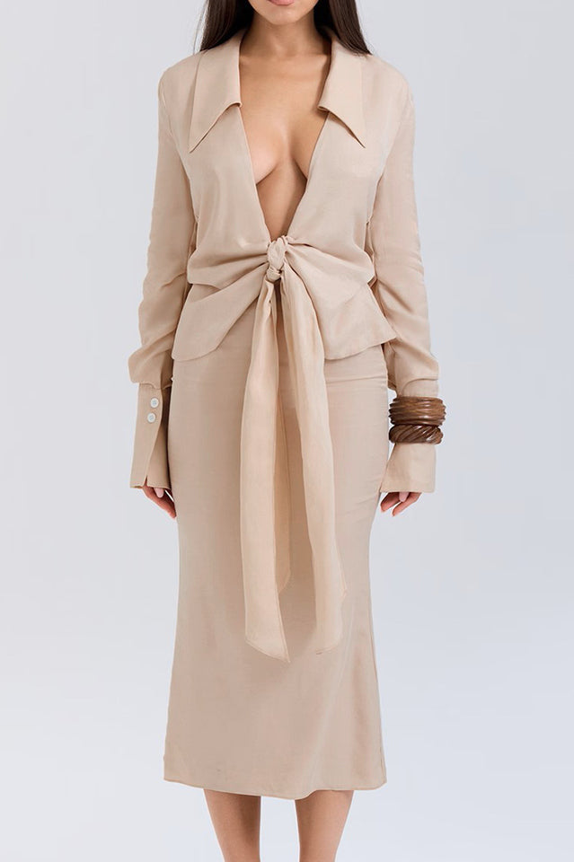 Draped Tie Front Shirt Set in Luxurious Lyocell