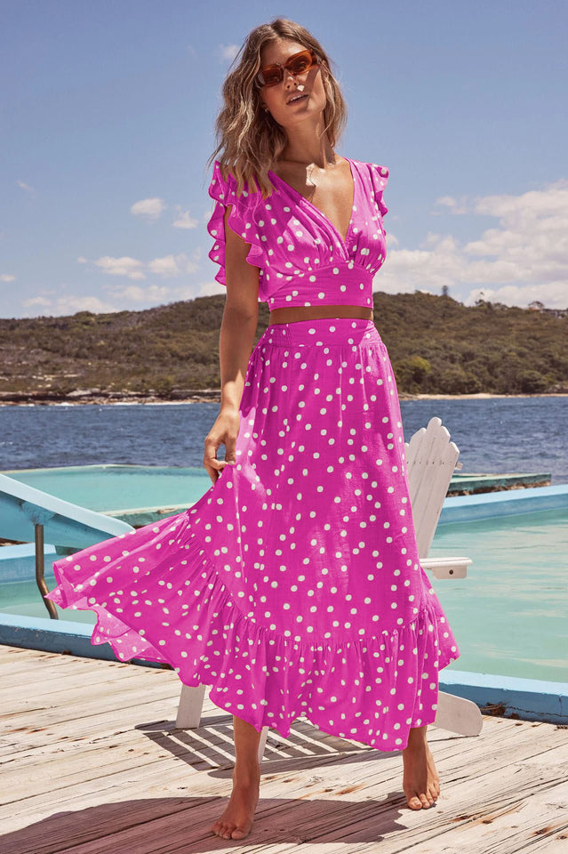 Polka Dot Ruffle Tank Top And Midi Skirt Set