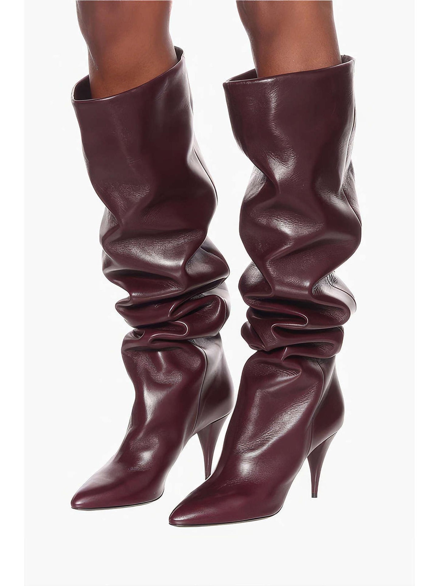 Ruched Faux Leather Pointed Toe Knee High Boots