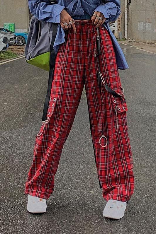 Hip Hop Punk Plaid Pants with Patch Details