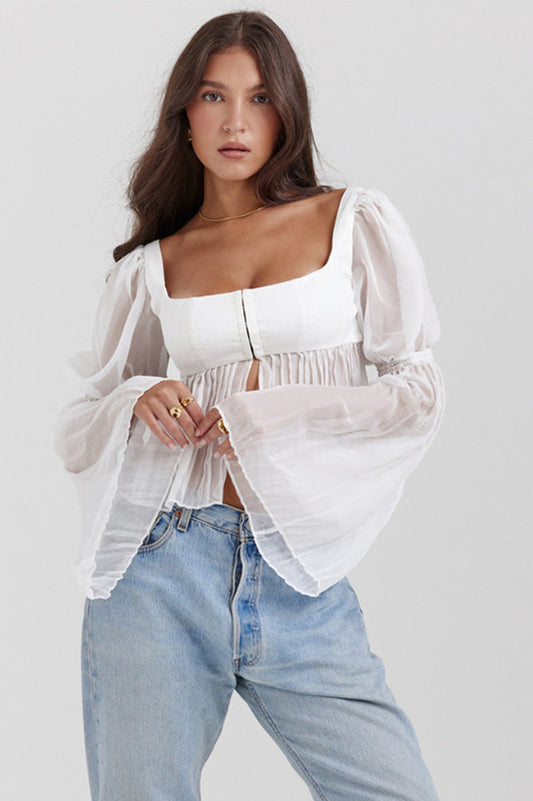 Lucie Chiffon Bustier Top with Pleated Sleeves