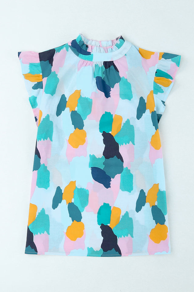 Lightweight Abstract Print Top with Ruffled Sleeves