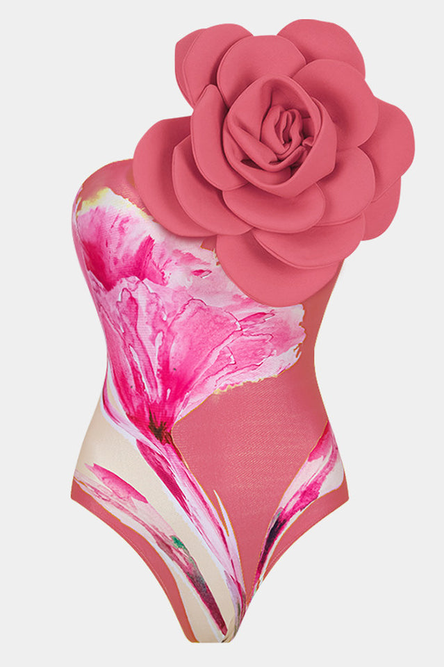 3D Flower One Shoulder Swimsuit and Skirt Set