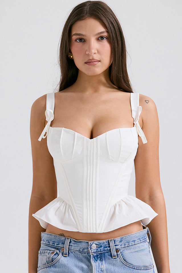 Ruffled White Cotton Bra with Sweetheart Neckline