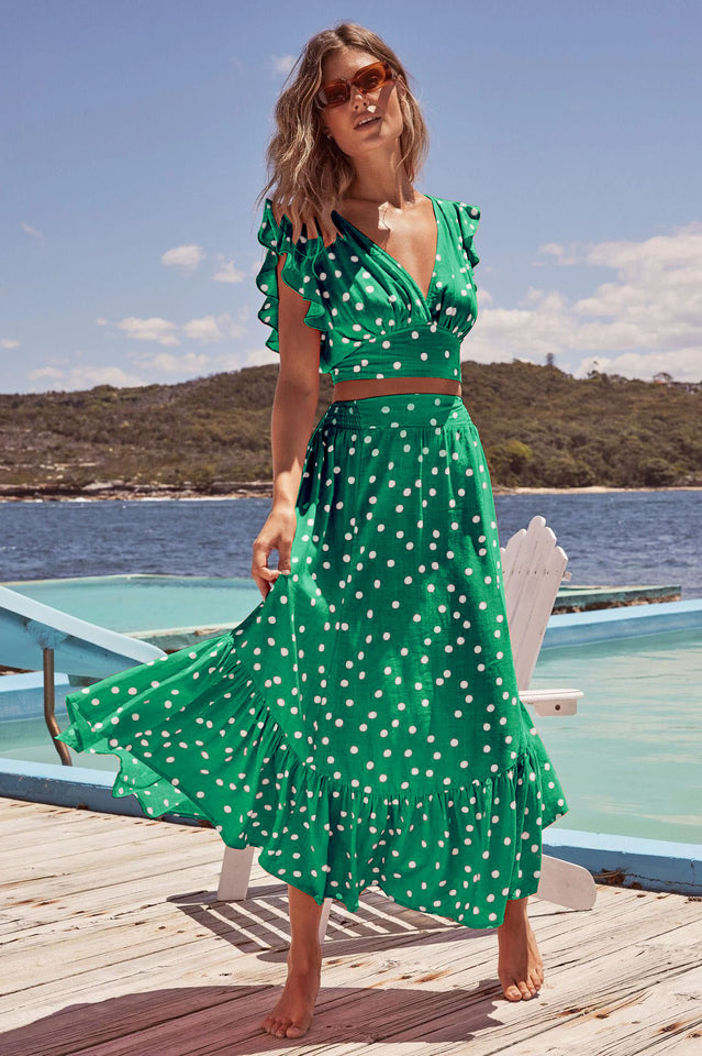 Polka Dot Ruffle Tank Top And Midi Skirt Set