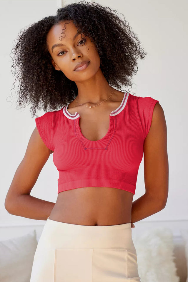 Notched Neck Cap Sleeve Cropped Tee Top