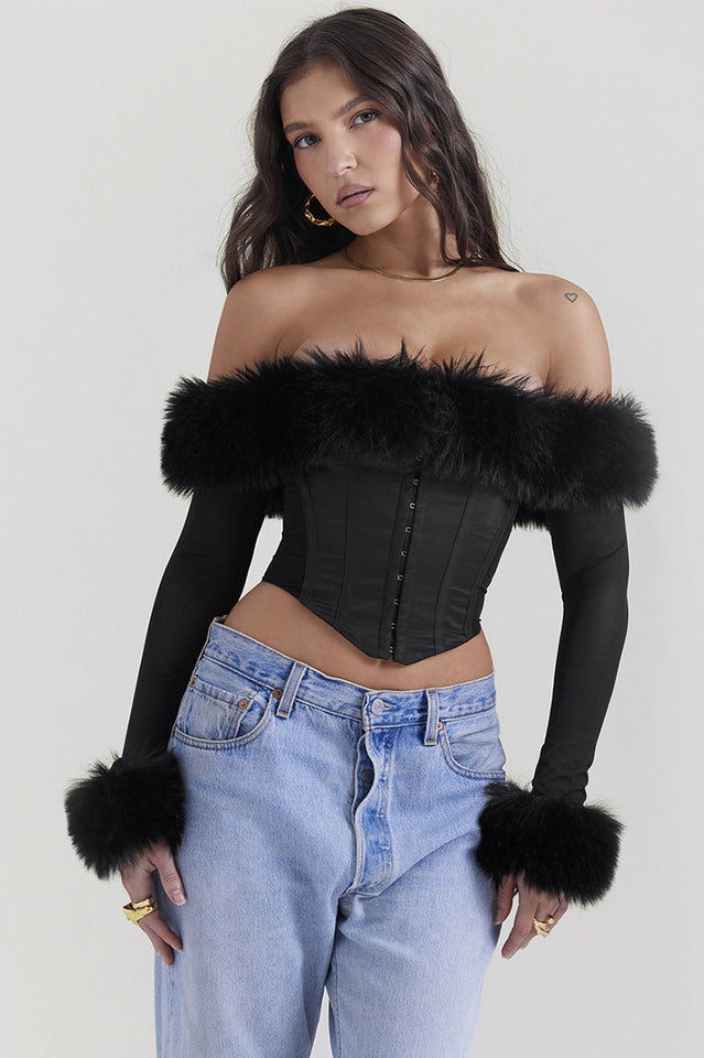 Black Faux Fur Trimmed Off-Shoulder Bustier