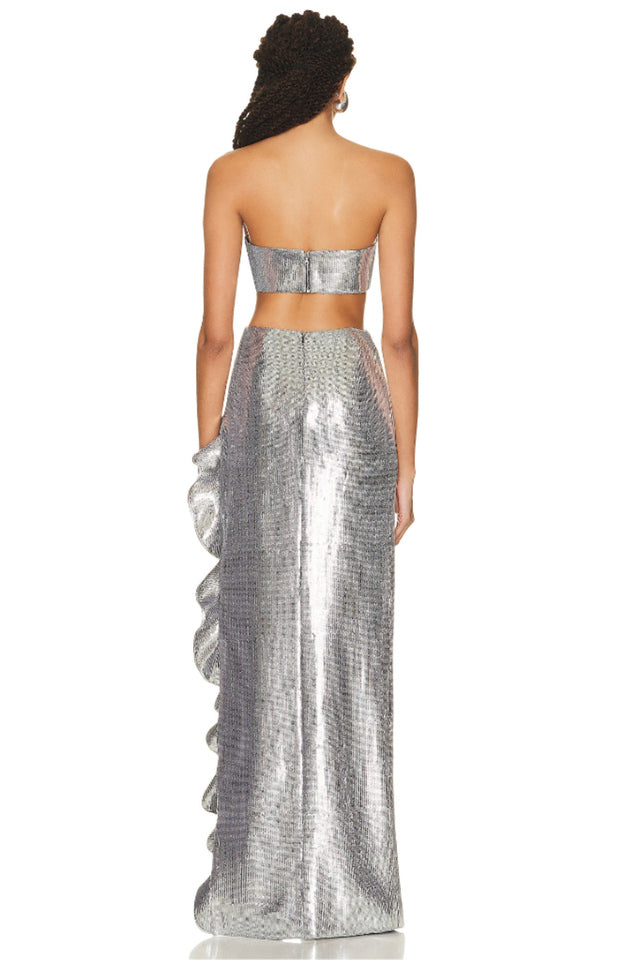 Sequined Bandeau Two Piece Suit in Silver