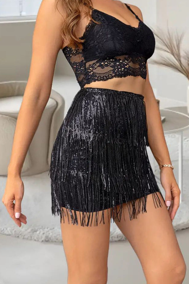 Persephone Sequin Skirt with Fringe Detail