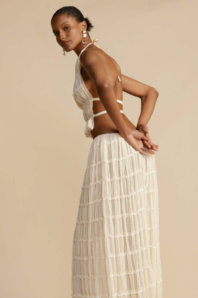 Ruffled Halter Top & Pleated Maxi Skirt Set